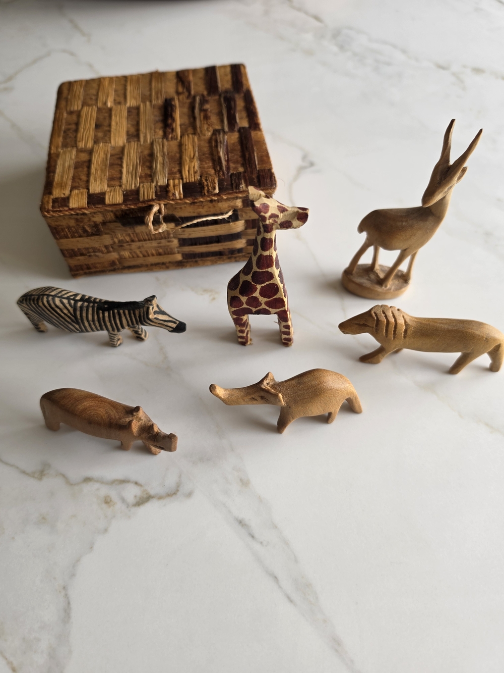 Vintage Hand-Carved Wooden African Safari Animal Figurine Set with Woven Box